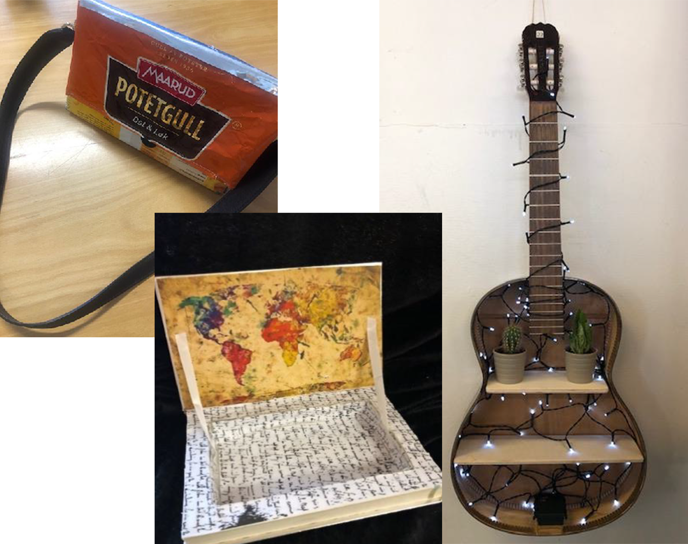Foto: Skøyenåsen skole Redesign. Gitar har blitt hylle, bok har blitt skrin og potetgull-posen har blitt en veske.